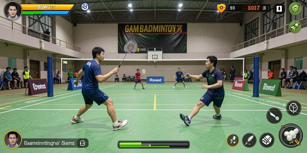 Tampilan antarmuka BOWO77 dengan karakter dan lapangan badminton.